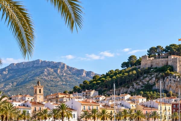 Palm fronds frame Dénia’s old town and its bell tower, with the Montgó behind and the castle walls on the hill