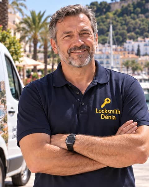A smiling man in a navy work polo stands with folded arms on a harbourside promenade, moored boats and a wooded hill behind him