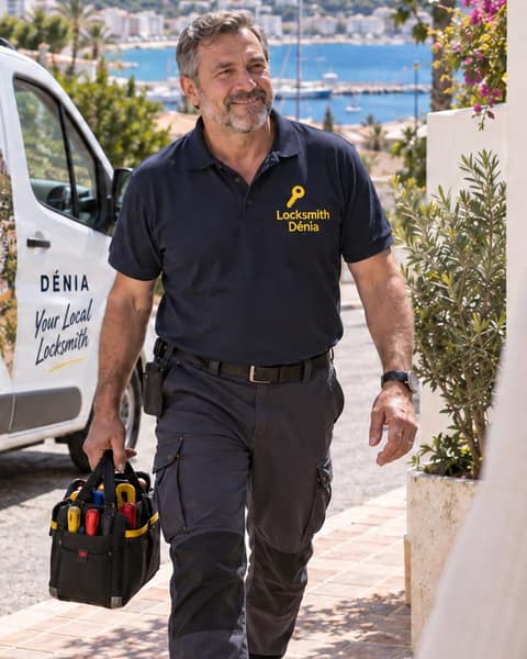 A locksmith in a navy polo walks up a sunny garden path carrying a tool bag, a white van parked behind him and the sea below